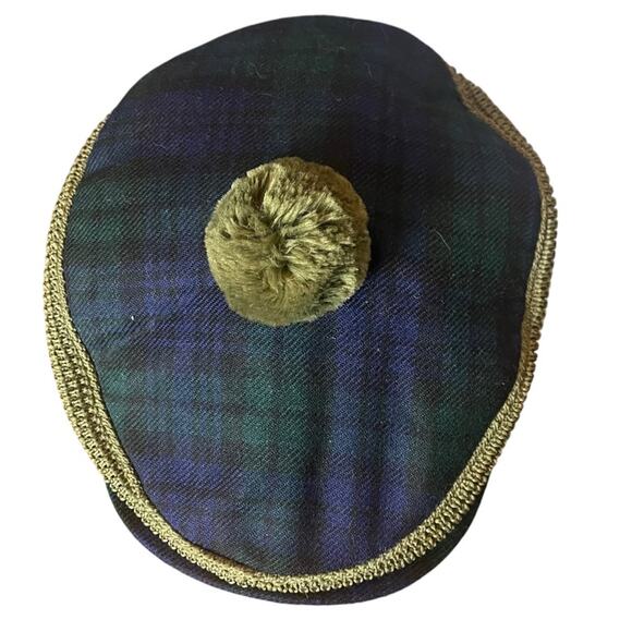 Scottish Tam Blue and Green Plaid Wool Golfing Driving Hat Knit With Pom Pom - Picture 2 of 11